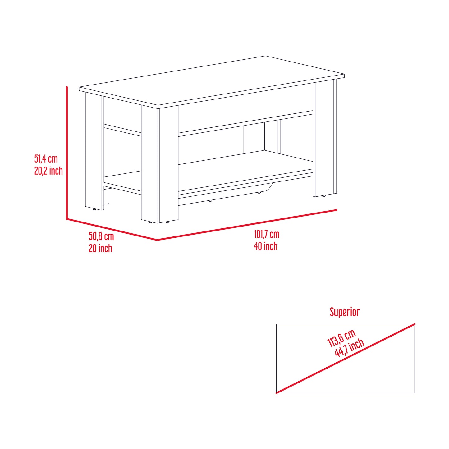 Line drawing of a rectangular coffee table with dimensions