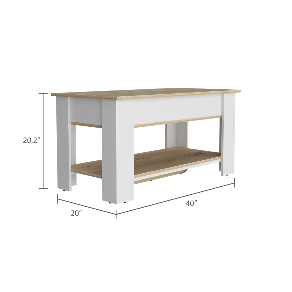 Modern white and oak lifttop coffee table with two shelves