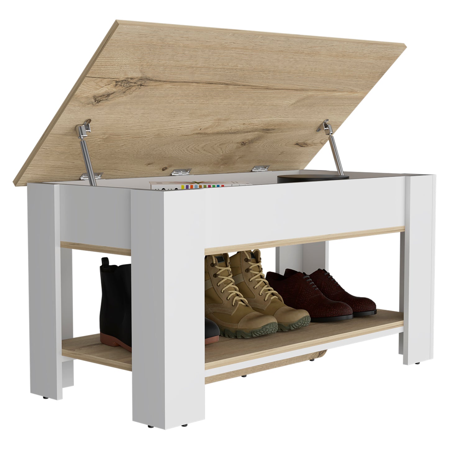White and wood bench with open top and shoe storage shelf
