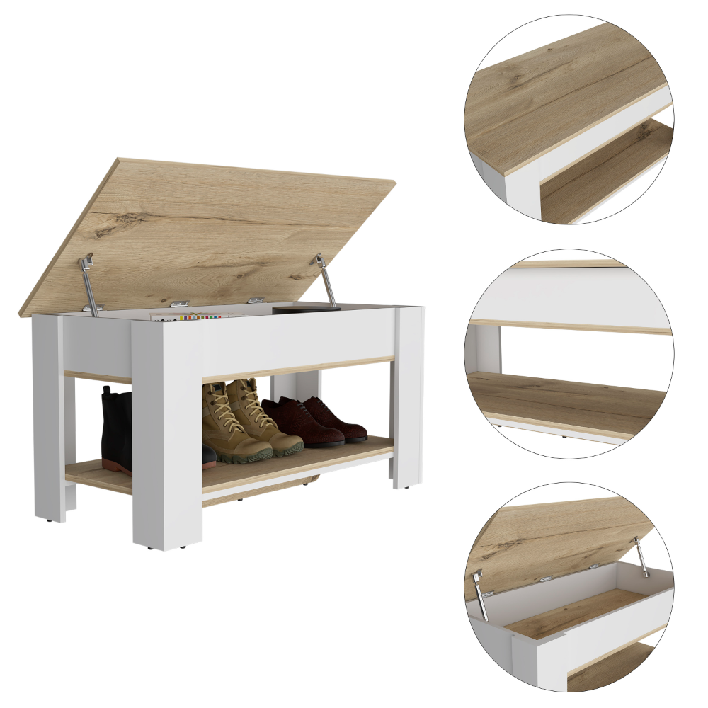 White modern storage coffee table with lifttop and wood grain accent