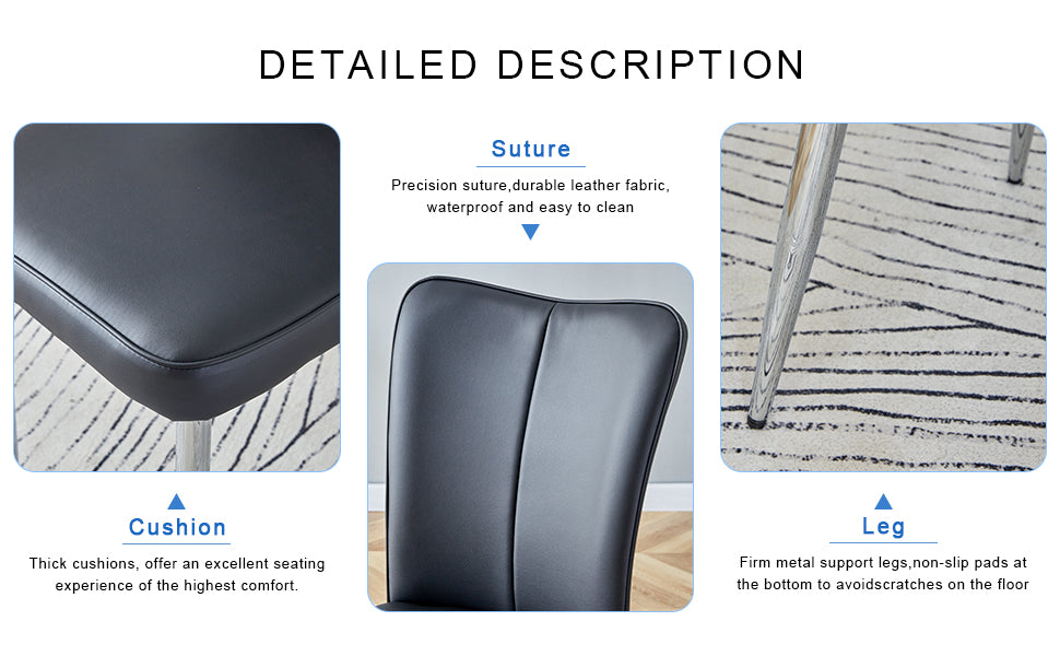 Black leather dining chair cushion with precise stitching