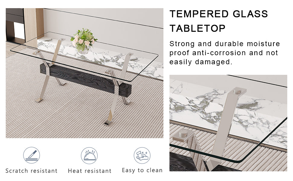 Modern glass coffee table with faux marble insert and chrome legs
