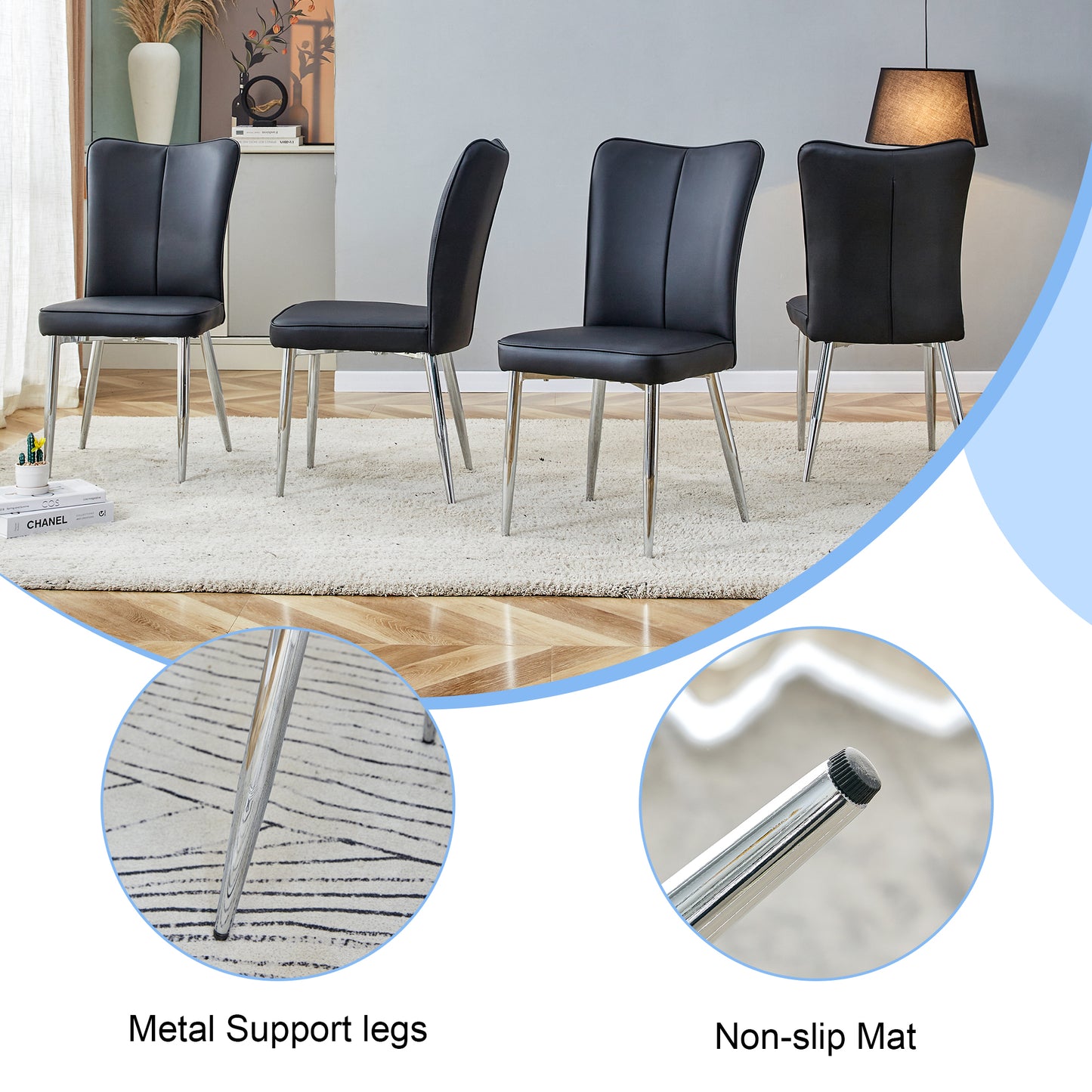 Four black faux leather dining chairs with chrome legs