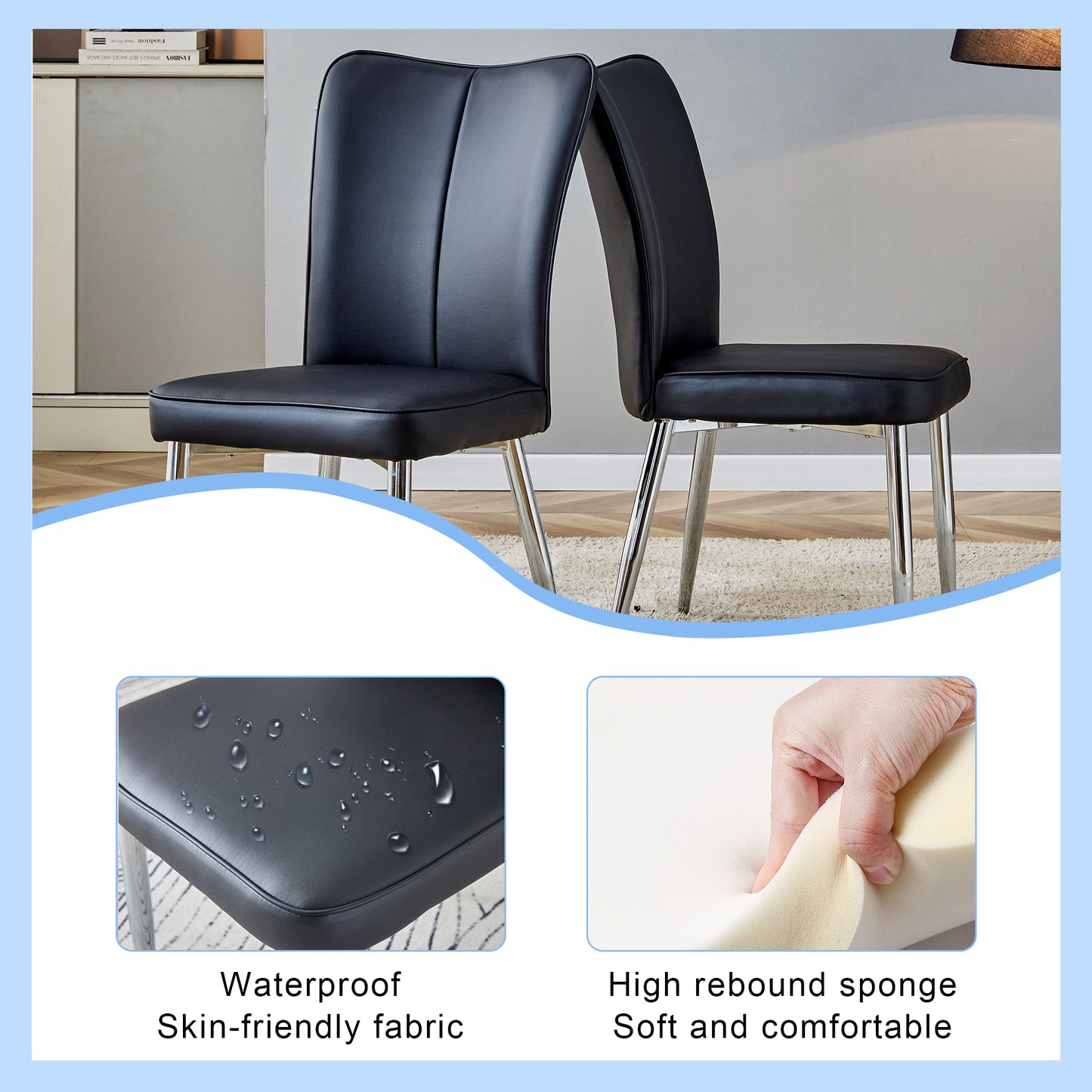 Black faux leather dining chair with chrome legs