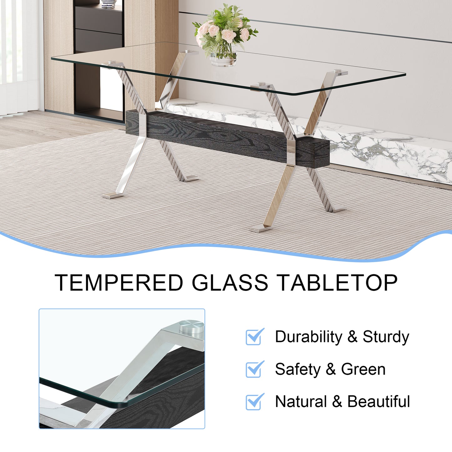 Modern dining table with tempered glass top and dark wood base