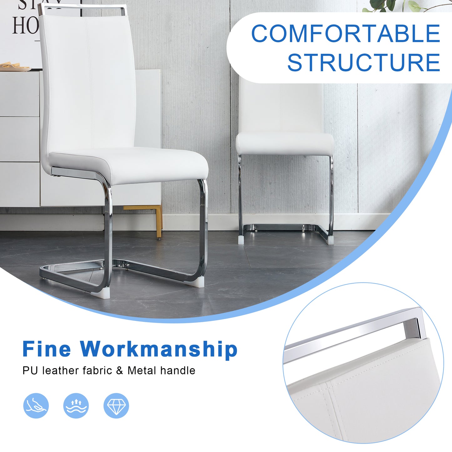 Modern white PU leather dining chair with chrome sled base