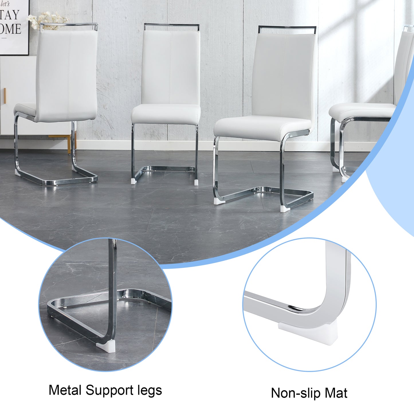 White faux leather dining chair with chrome sled base