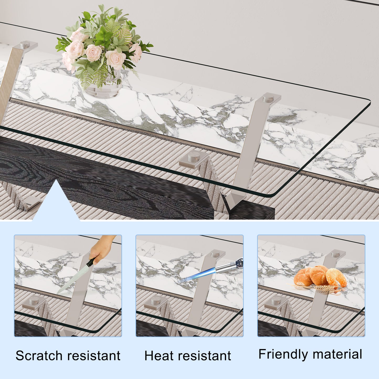Modern glass coffee table with marble top and chrome legs