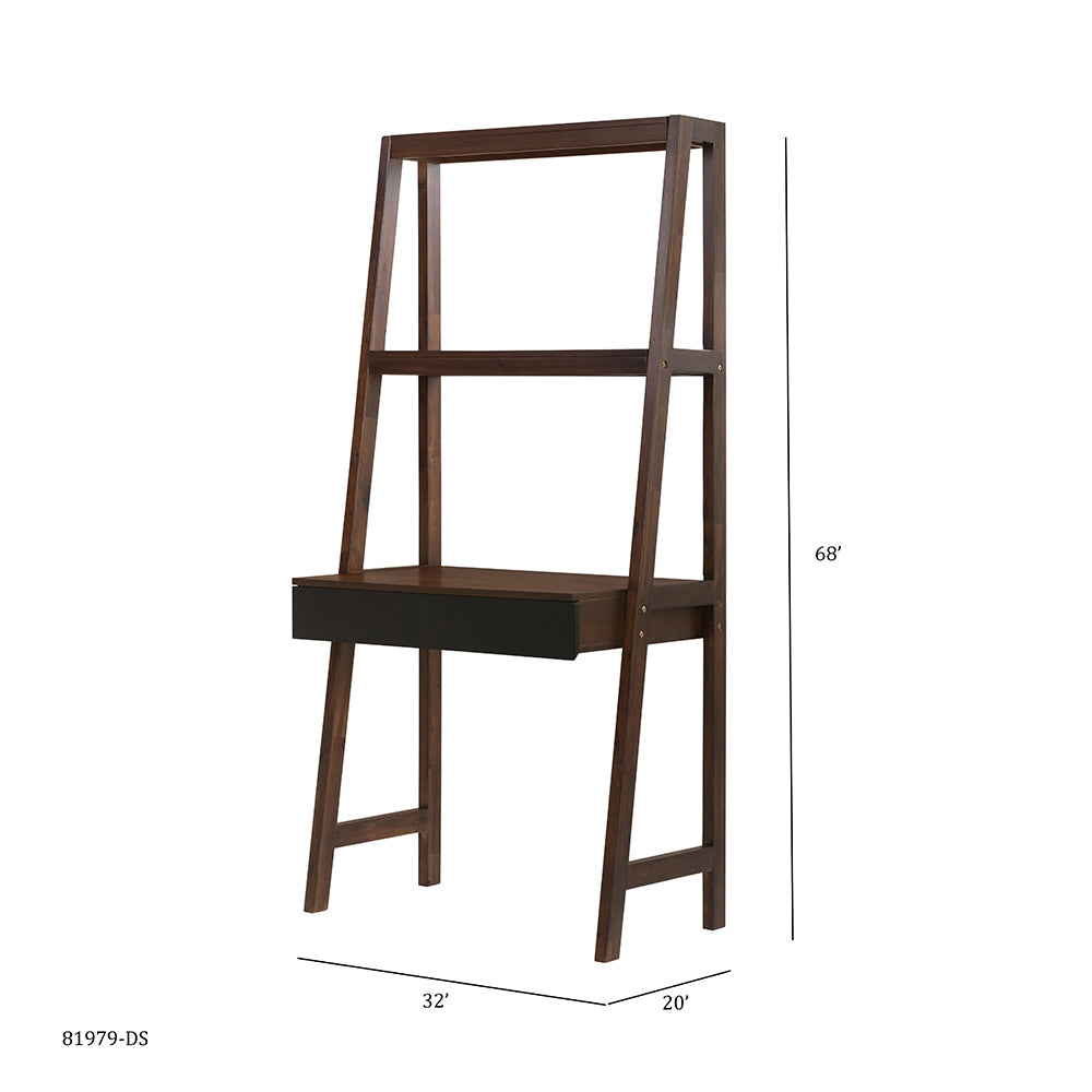 Dark walnut ladder desk with one drawer and two open shelves