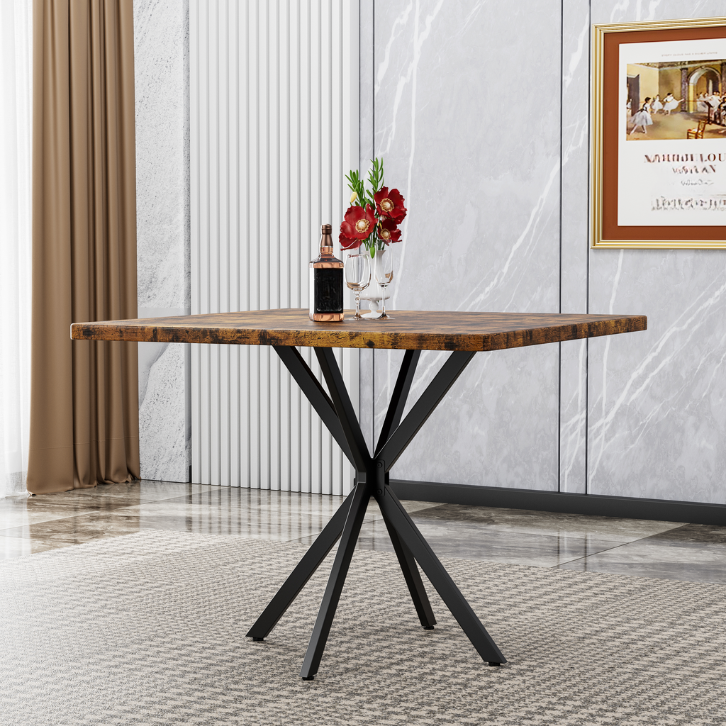 Rustic wood square dining table with black metal spider leg base