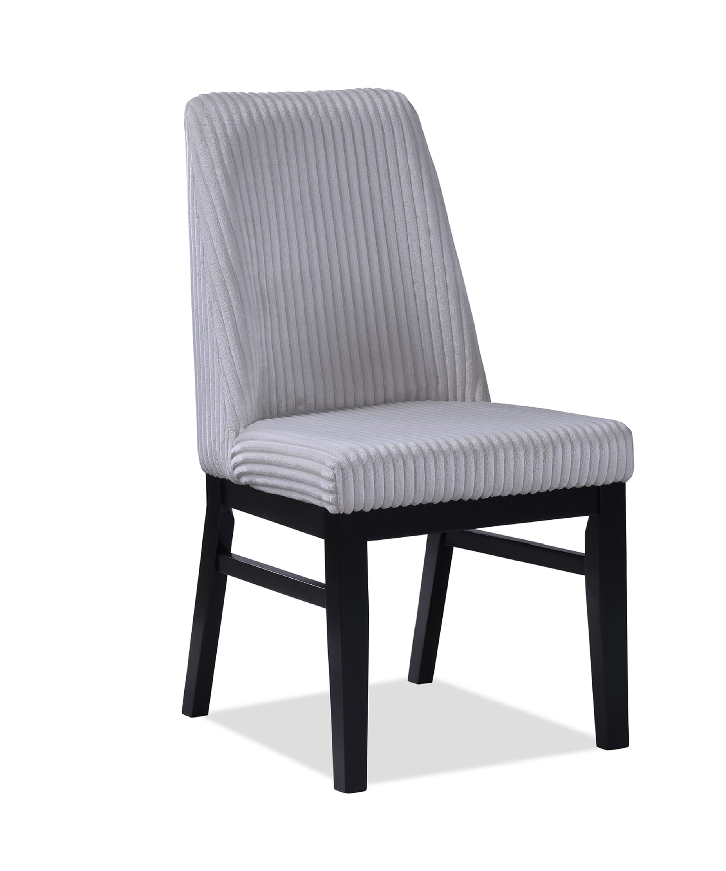 Light gray corduroy dining chair with black wooden legs
