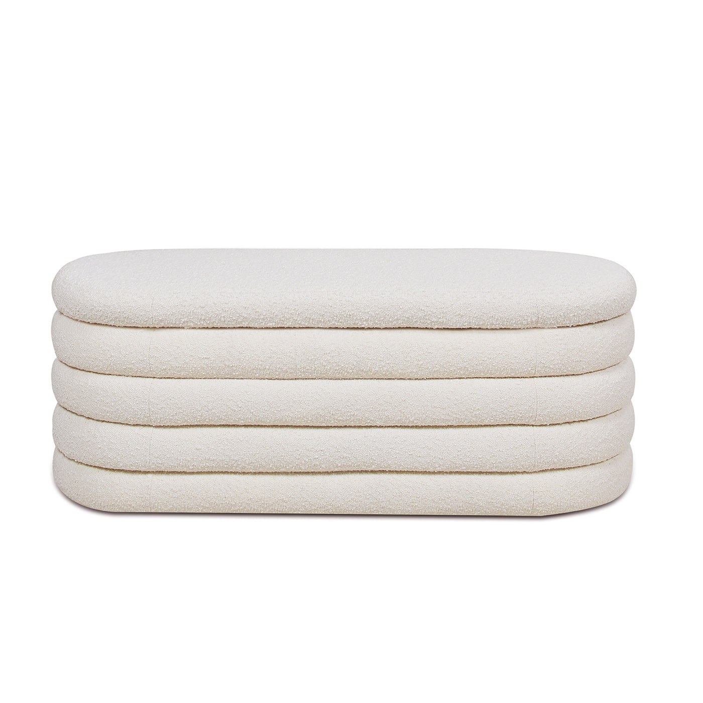 Cream boucle ottoman with stacked rounded upholstery for modern living spaces
