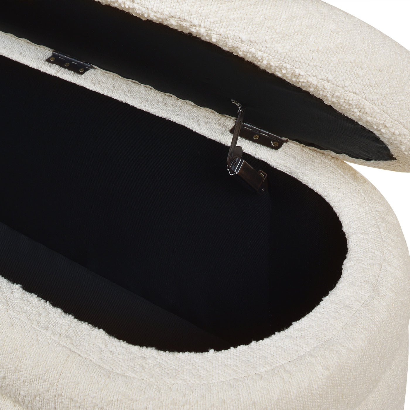 Cream textured storage ottoman open showing black interior
