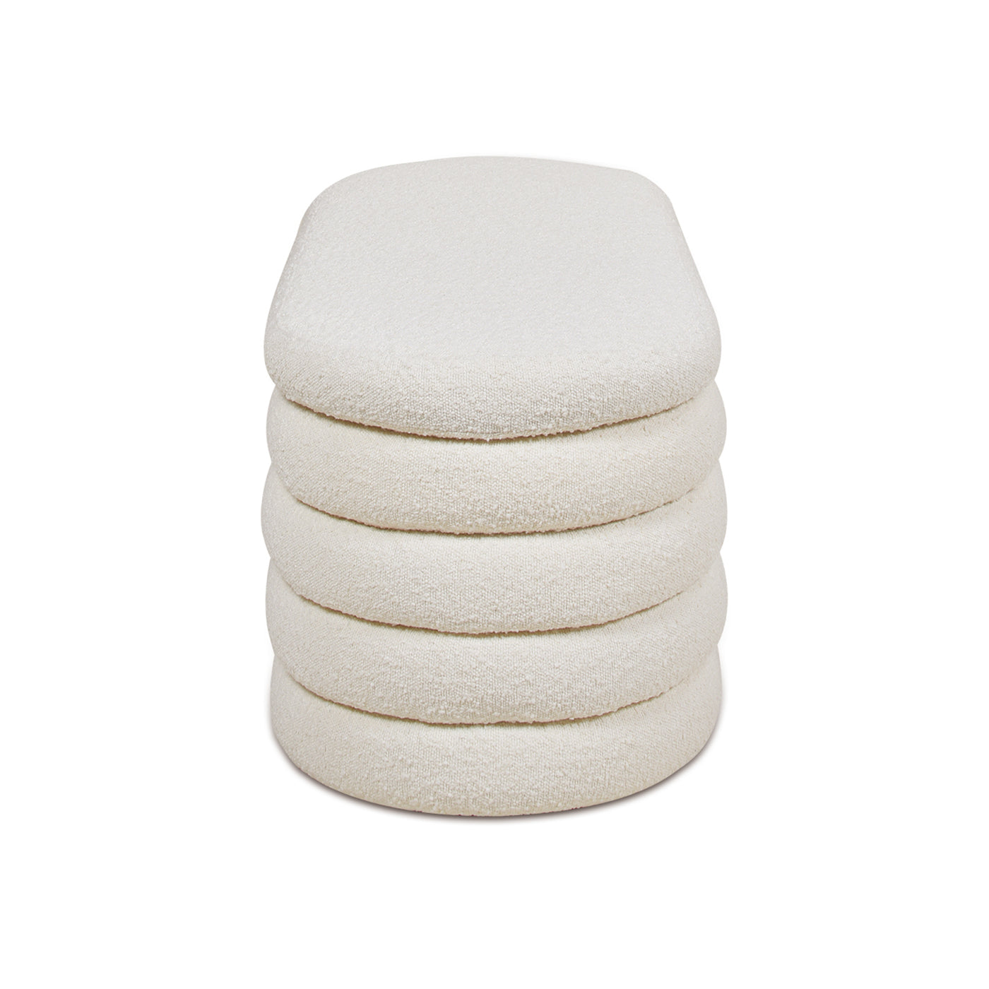 Stack of five cream boucle round ottoman seats modern design for living room