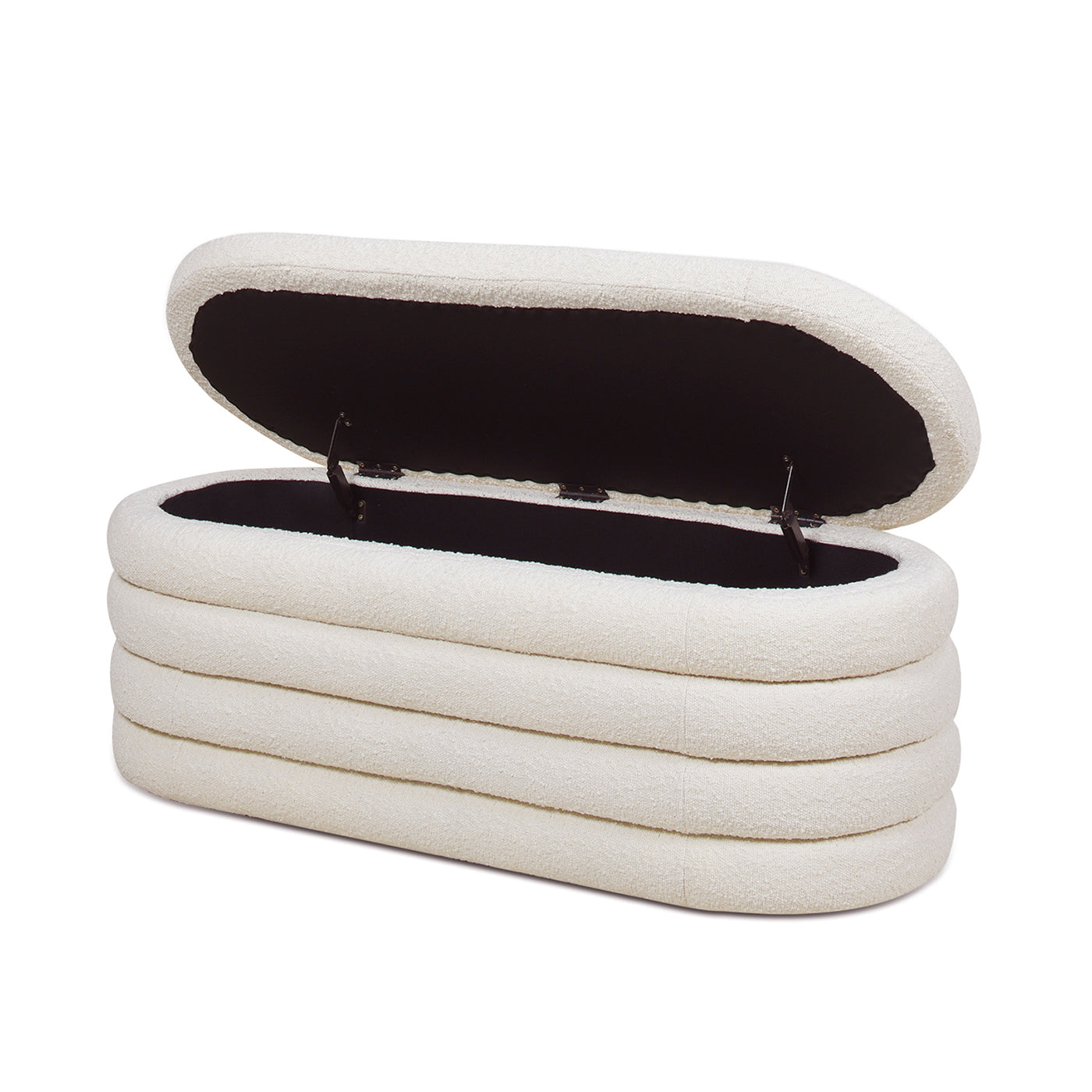 Cream boucle storage bench with lifttop lid revealing dark interior