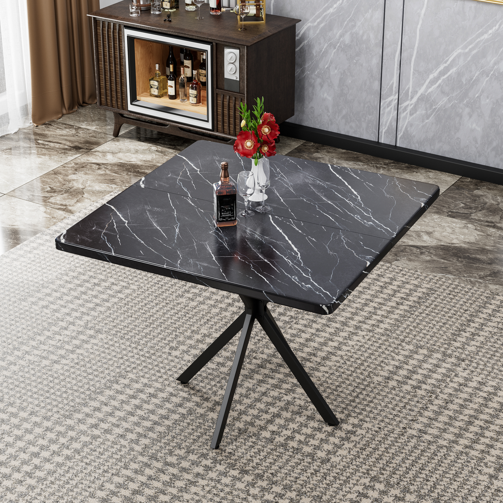Square black marble dining table with white veining and a modern metal base