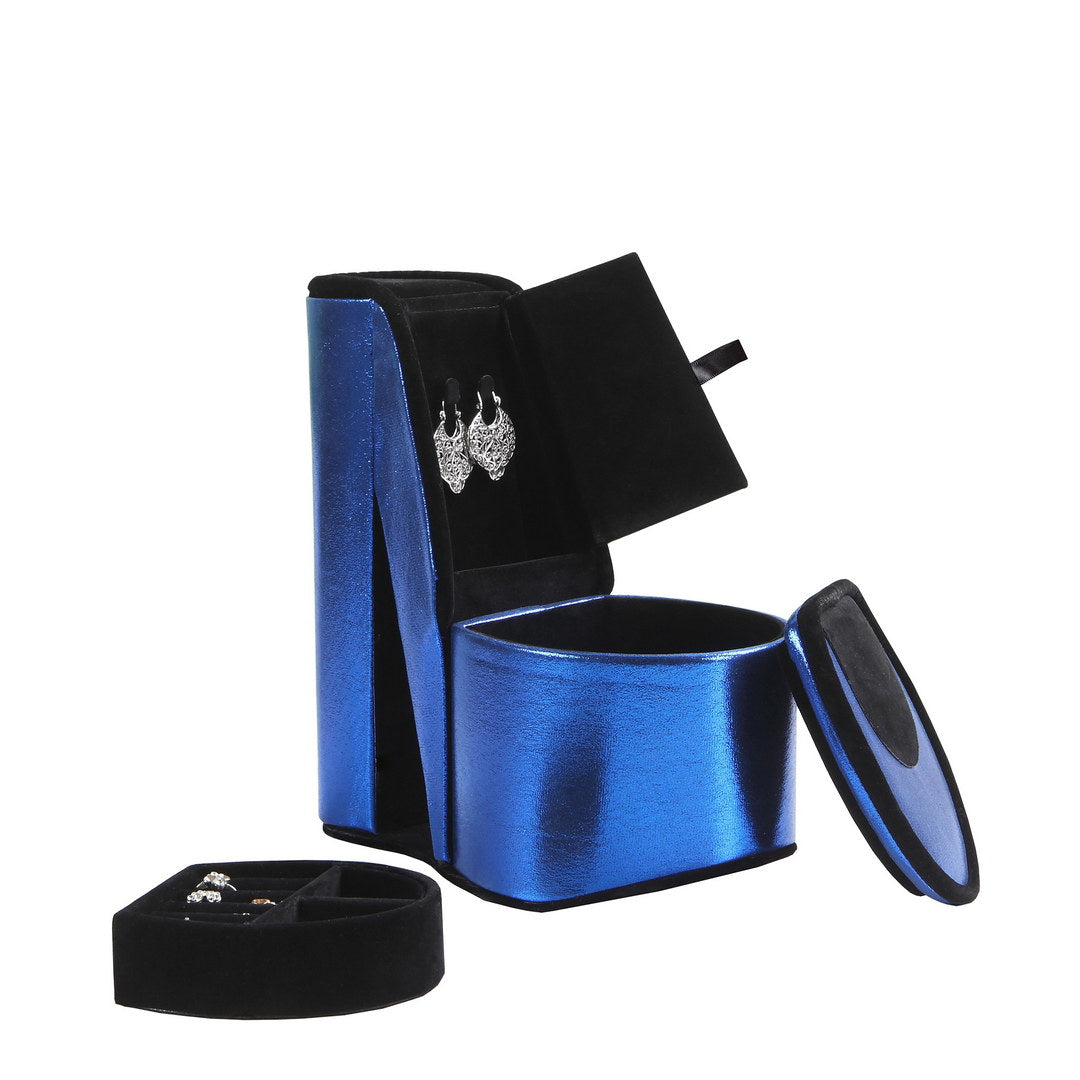 Blue metallic high heel jewelry box with silver filigree earrings and ring tray