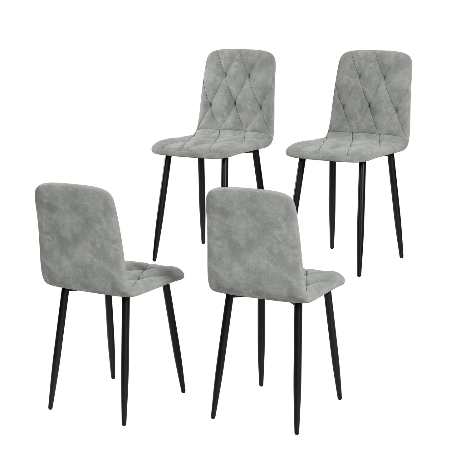 Four grey tufted dining chairs with black metal legs