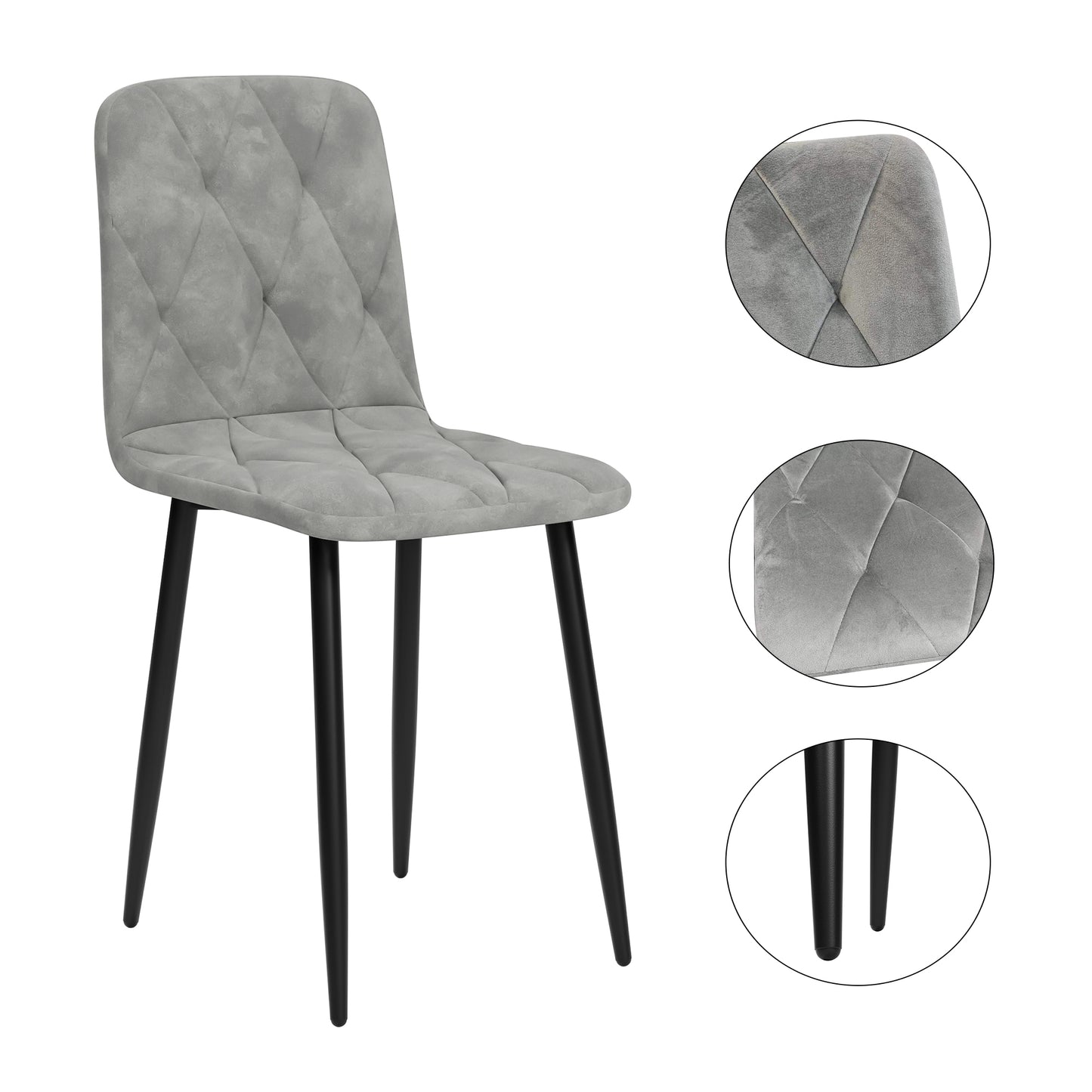Gray velvet dining chair with diamond tufting and black metal legs