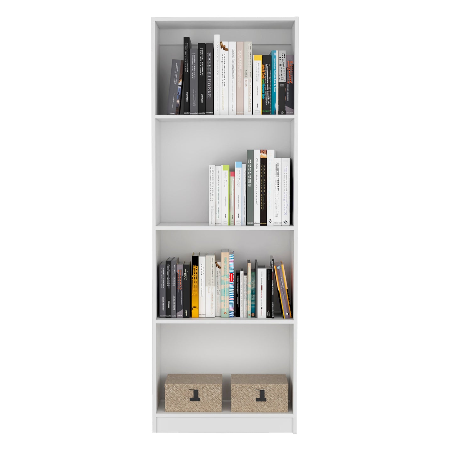 White modern bookshelf filled with various books on four shelves