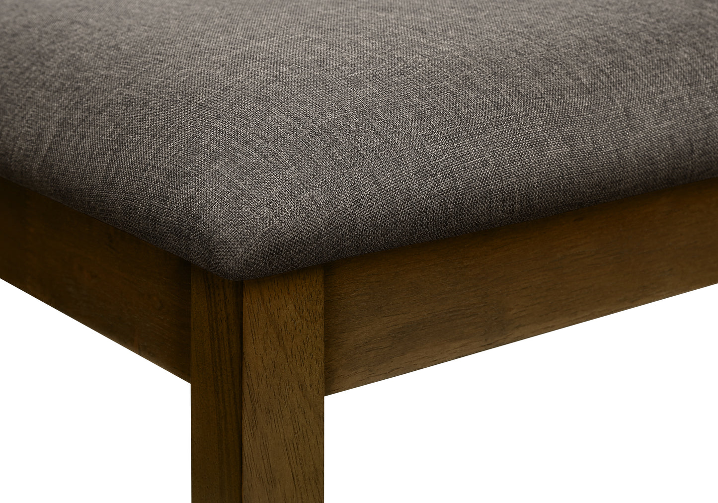 Close up of grey upholstered chair seat with wooden frame