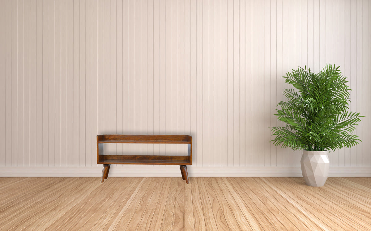 Wooden shoe rack with two shelves and angled legs