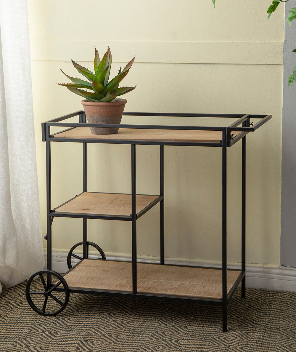 Industrial bar cart with metal frame and wood shelves