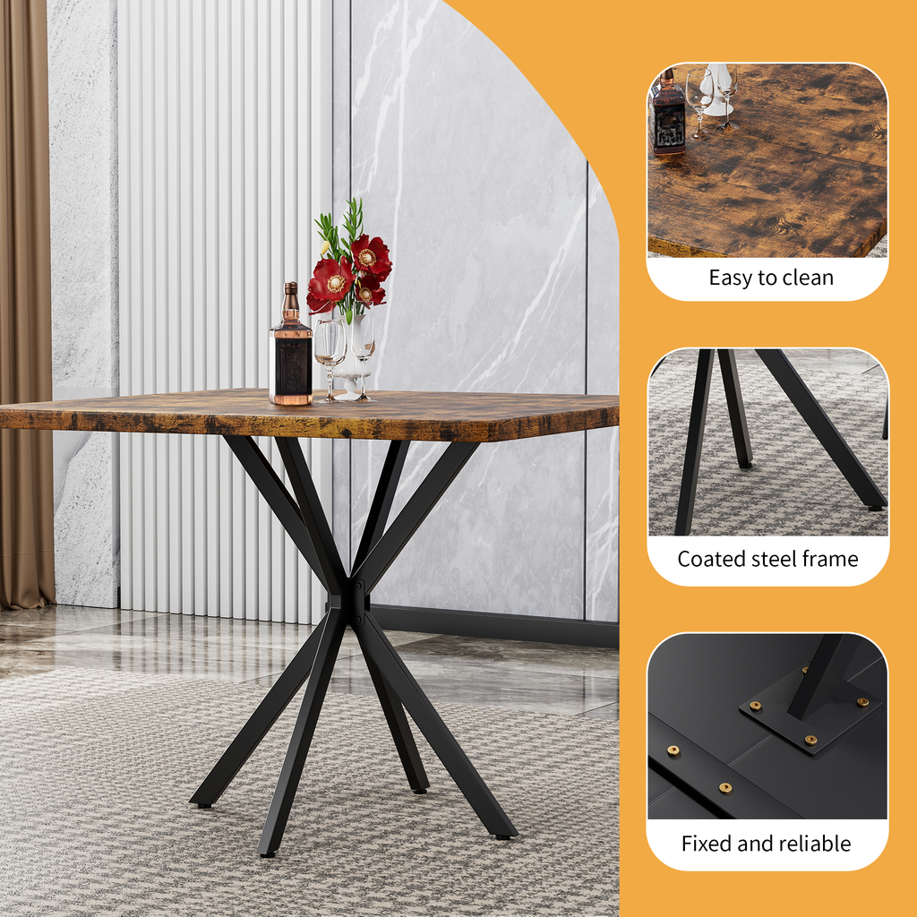 Rustic wood grain square dining table with black metal spider leg base