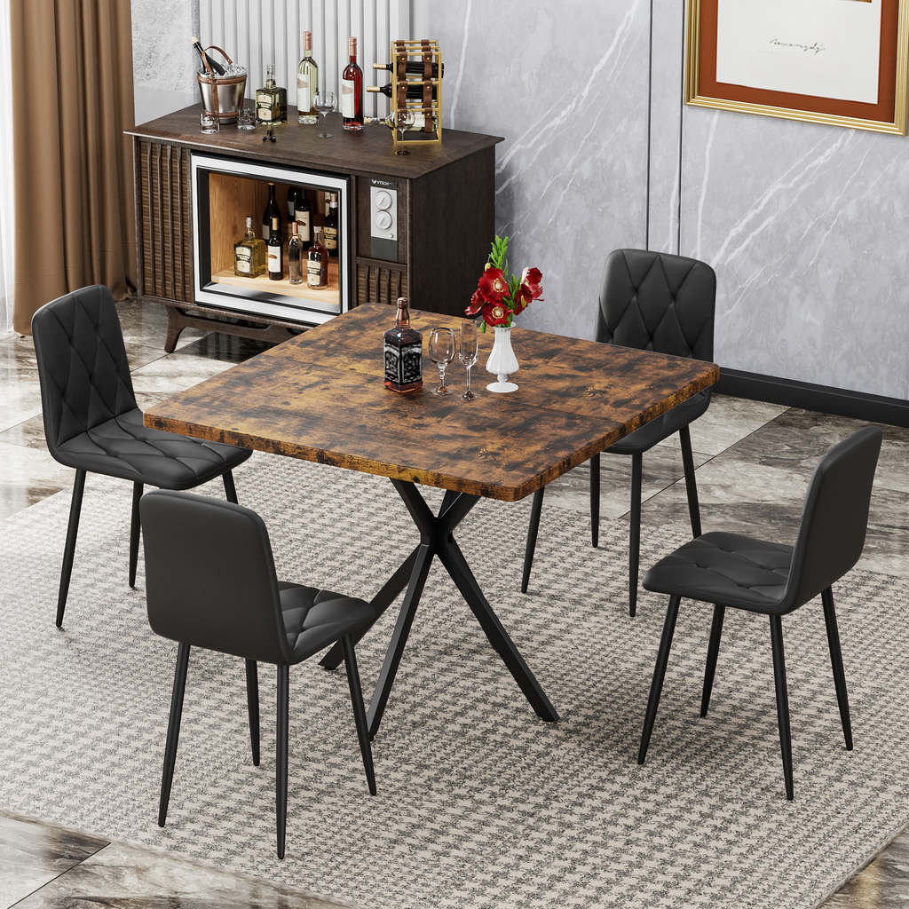 Rustic brown square dining table with black Xframe legs and four black diamondstitched chairs