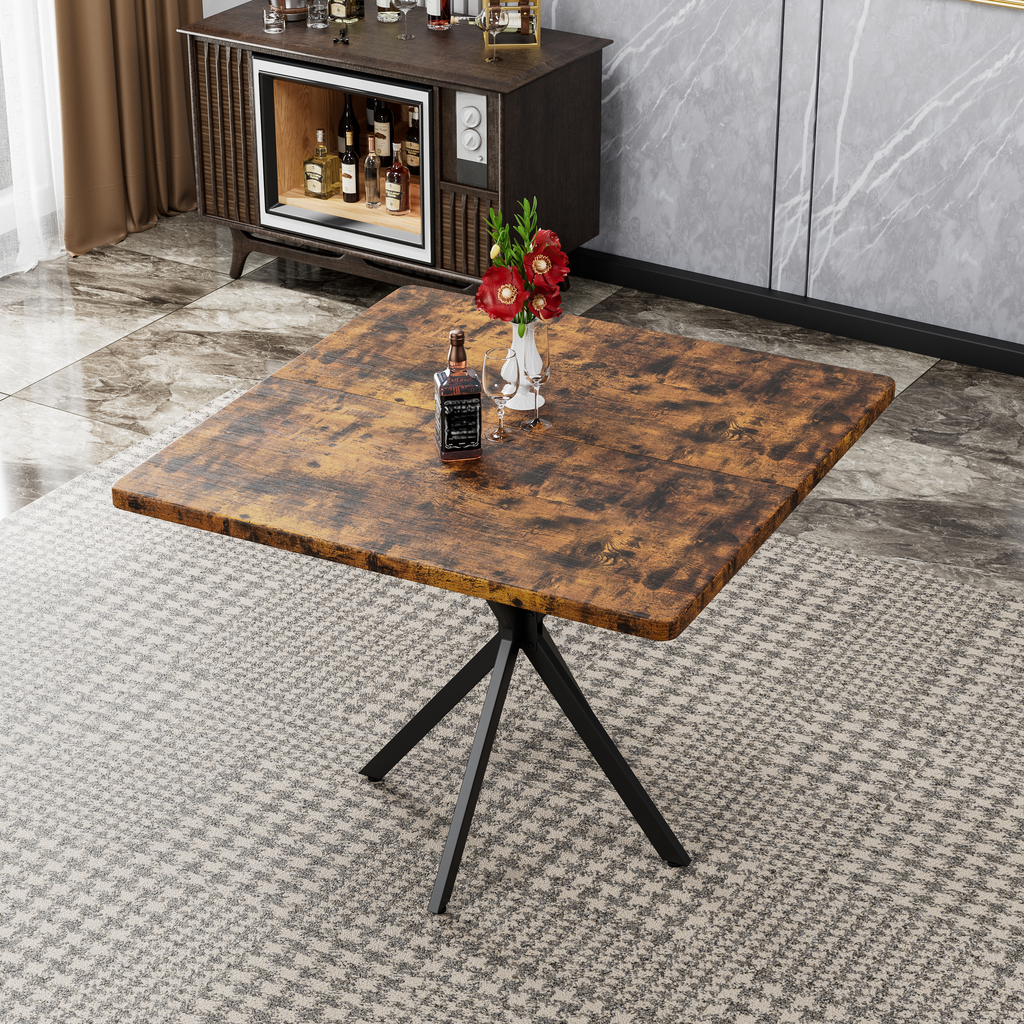 Rustic square dining table with dark wood grain top and black metal legs