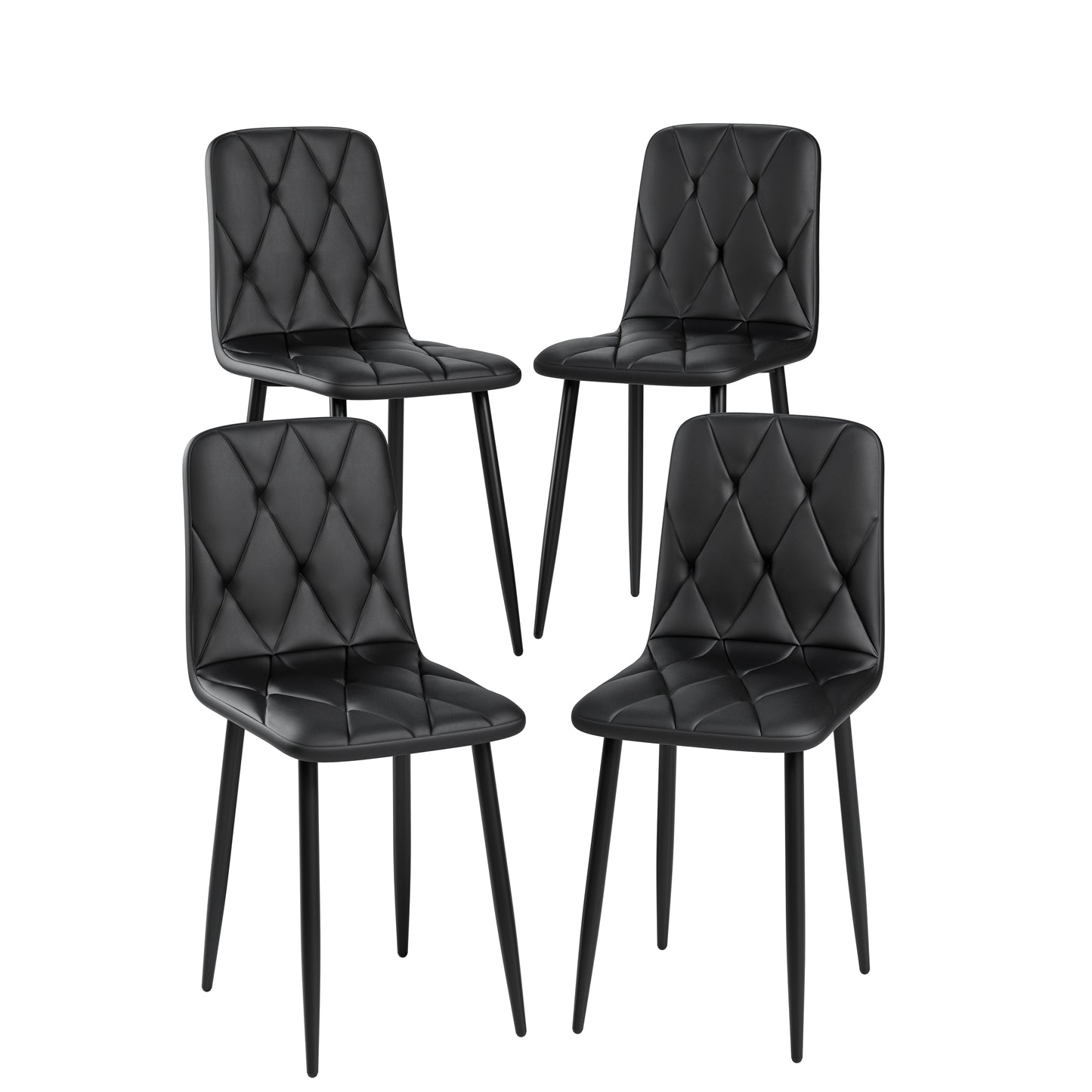Set of black diamondtufted faux leather dining chairs with black metal legs