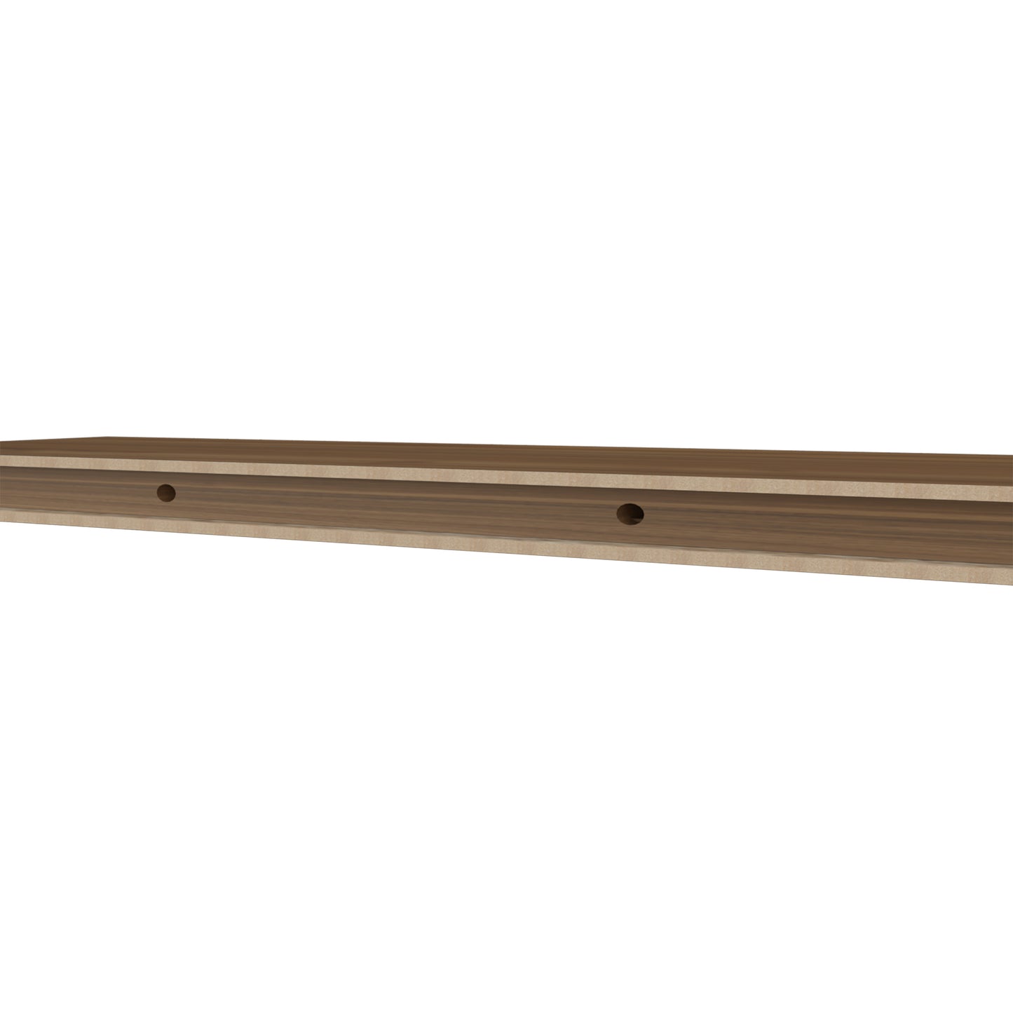 Walnut veneer floating shelf with predrilled holes for easy installation