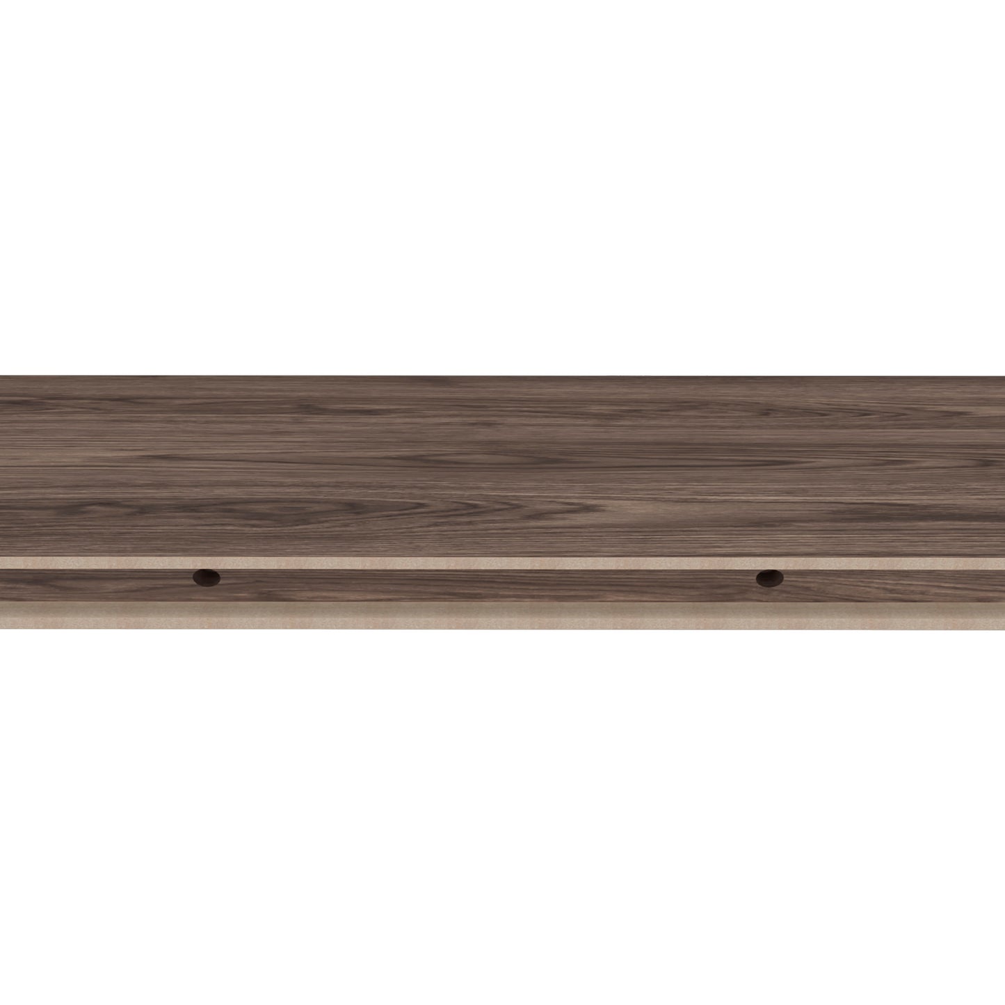 Dark wood grain shelf panel with predrilled holes for assembly