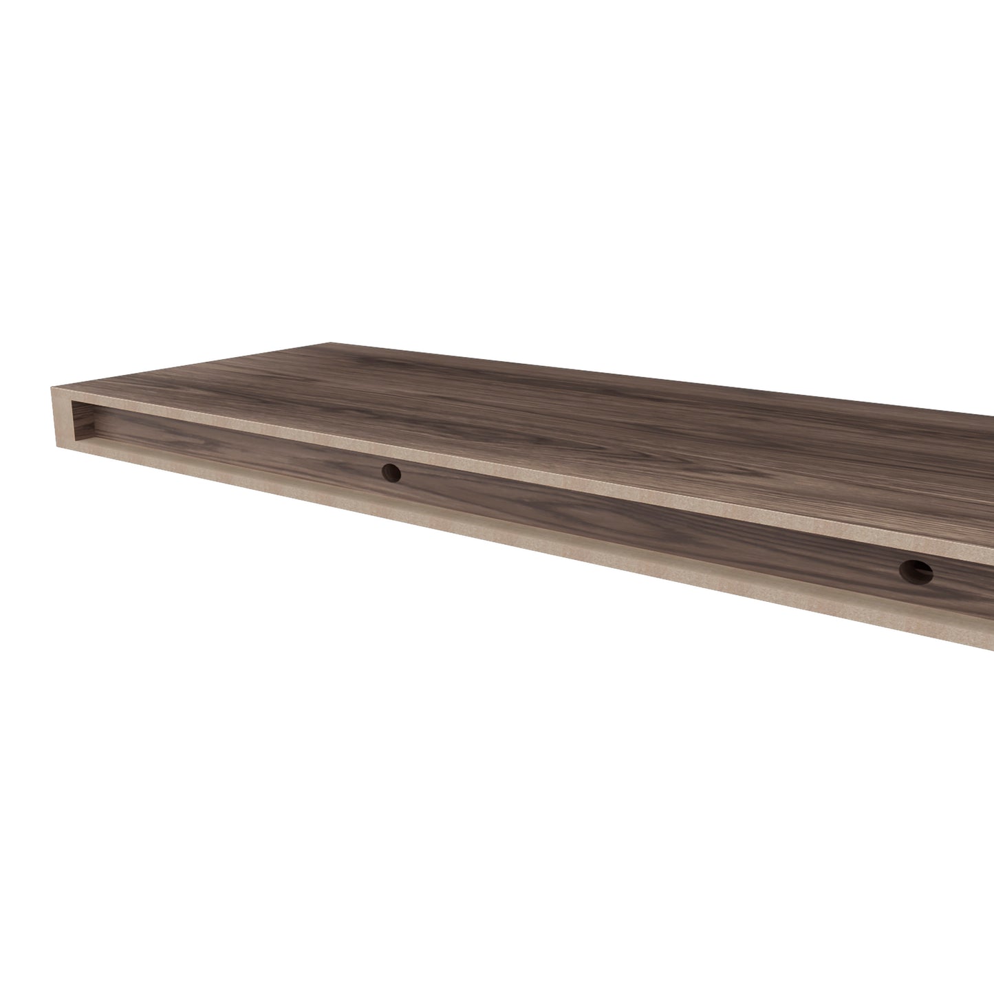 Dark walnut floating shelf with concealed mounting hardware