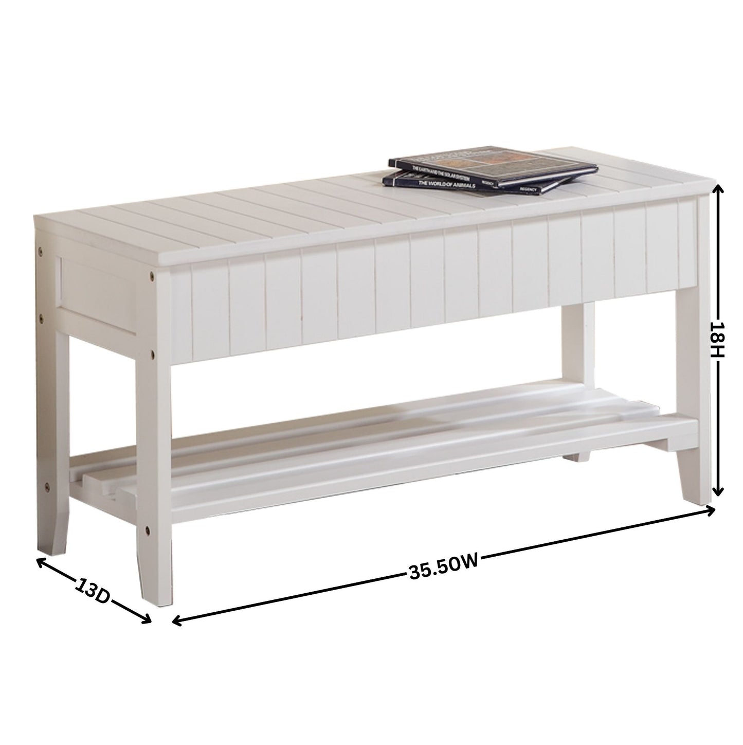 White storage bench with slatted top and bottom shelf