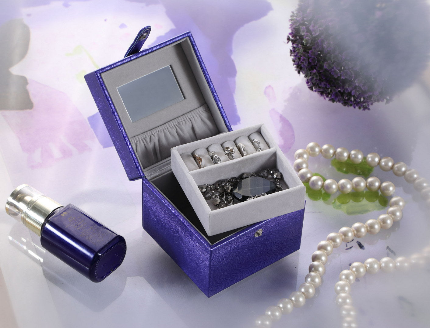 Compact Azure Blue Jewelry Case with Pull-Out Tray and Mirror