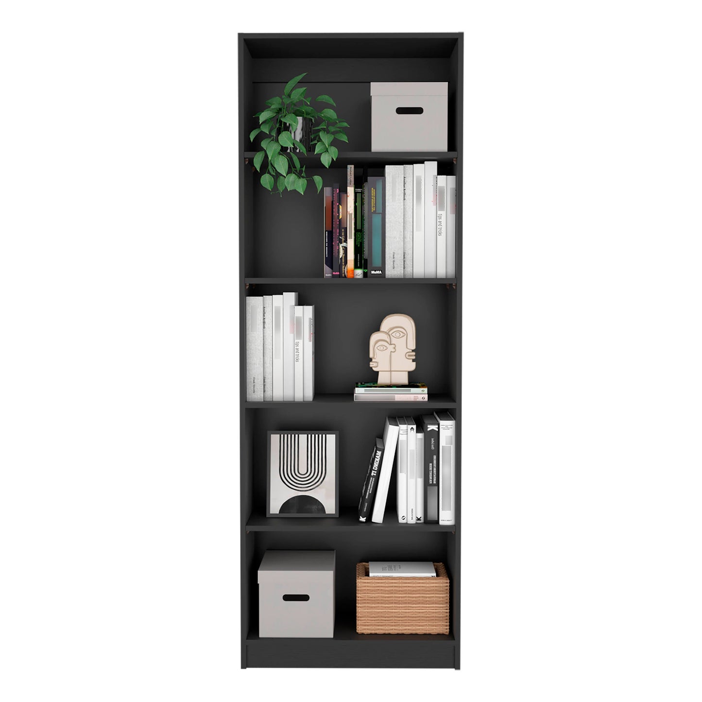 Black modern bookcase with plants and decor