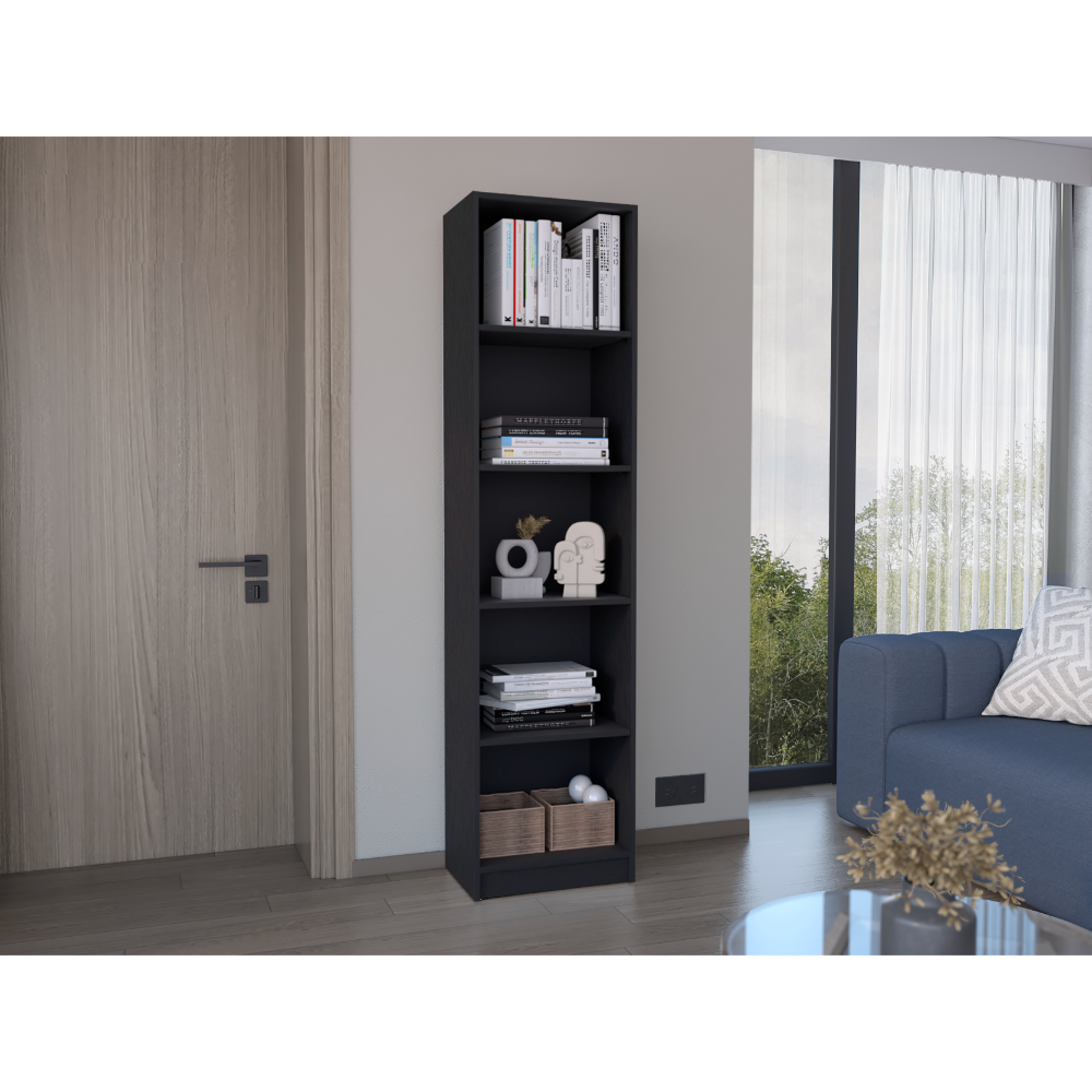 Tall dark gray shelf bookcase filled with books and decor