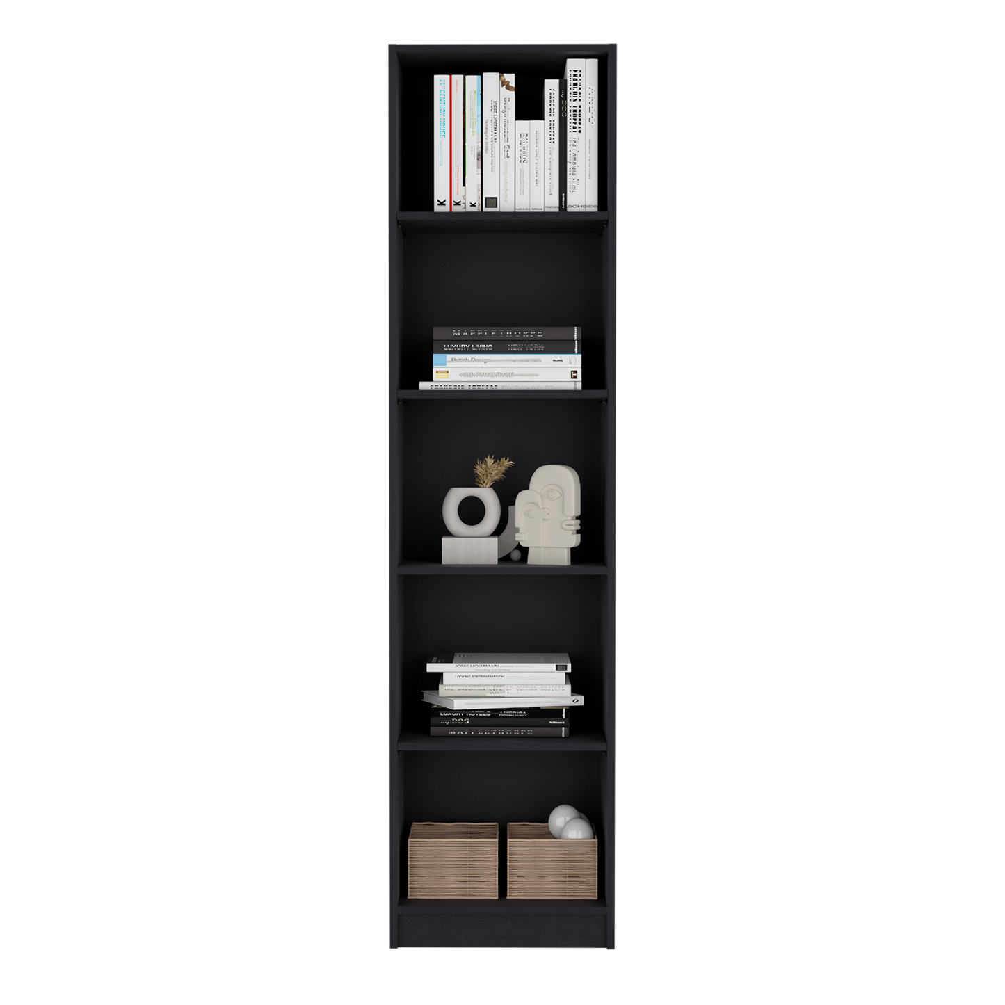Tall black bookcase with books on upper shelves