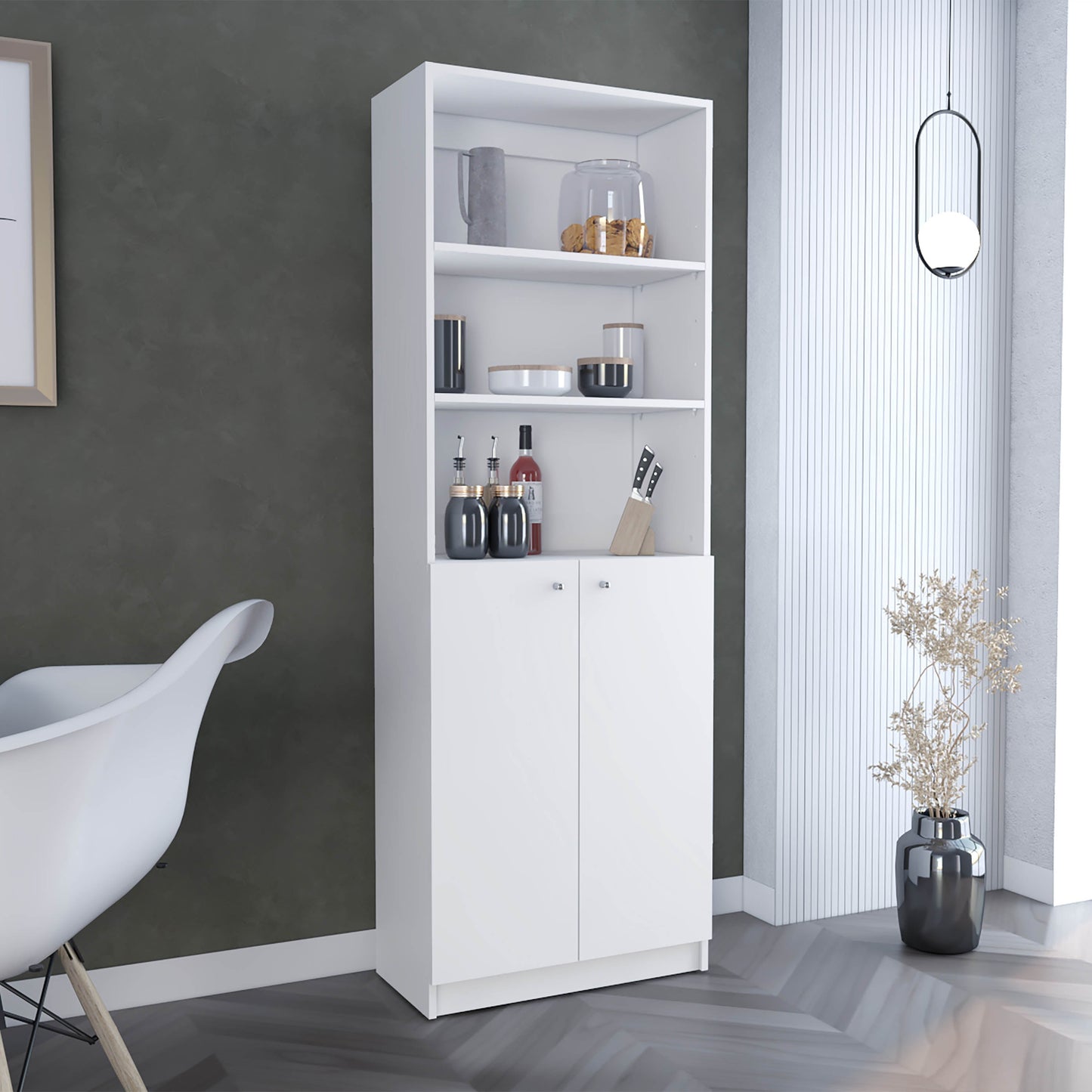 White modern kitchen pantry cabinet with open shelves and dual doors