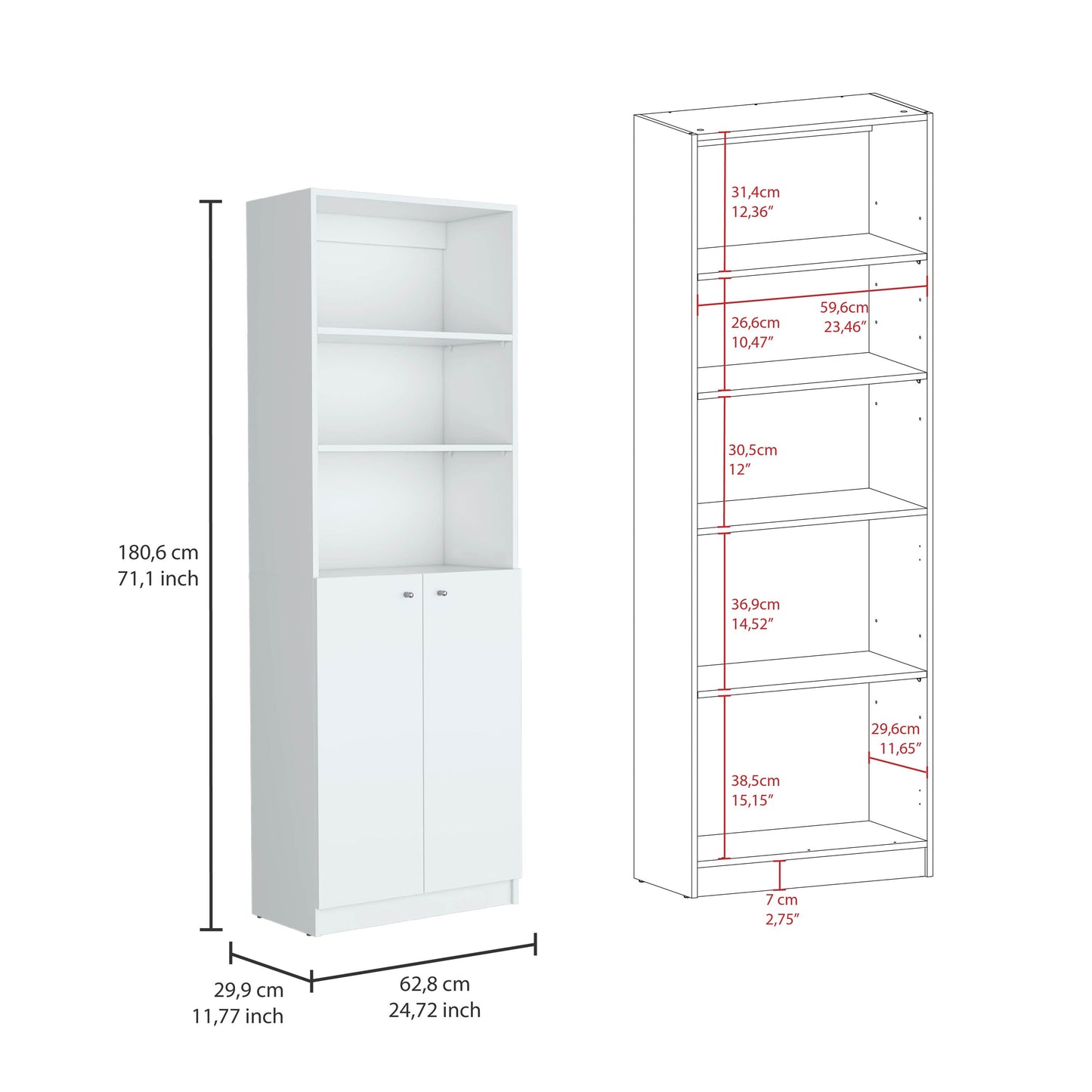 White modern tall storage cabinet with two doors and open shelves
