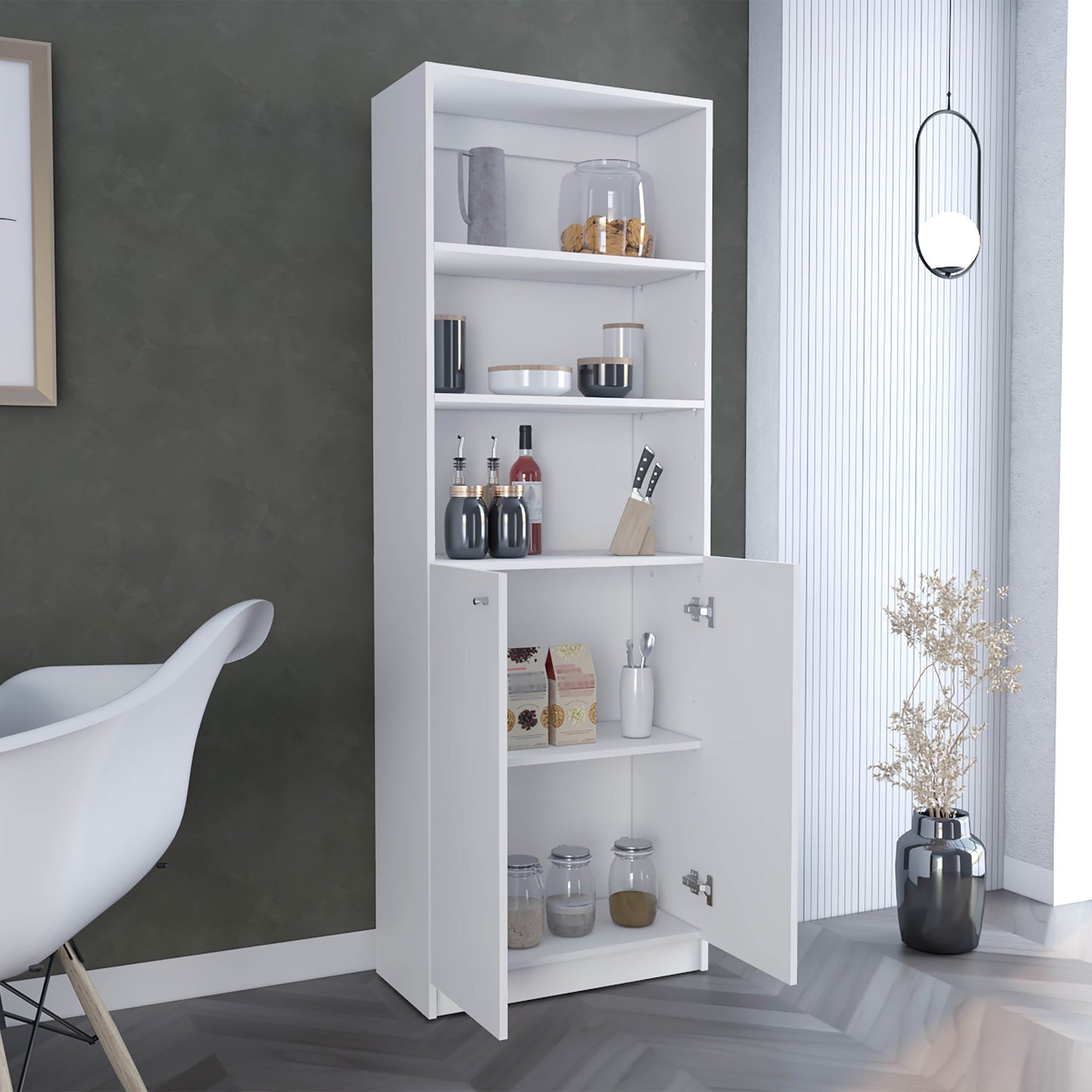 White modern kitchen cabinet with open doors and shelves