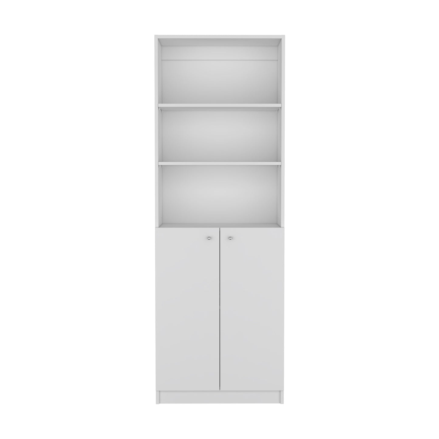 White modern bookshelf with closed cabinet doors at the bottom