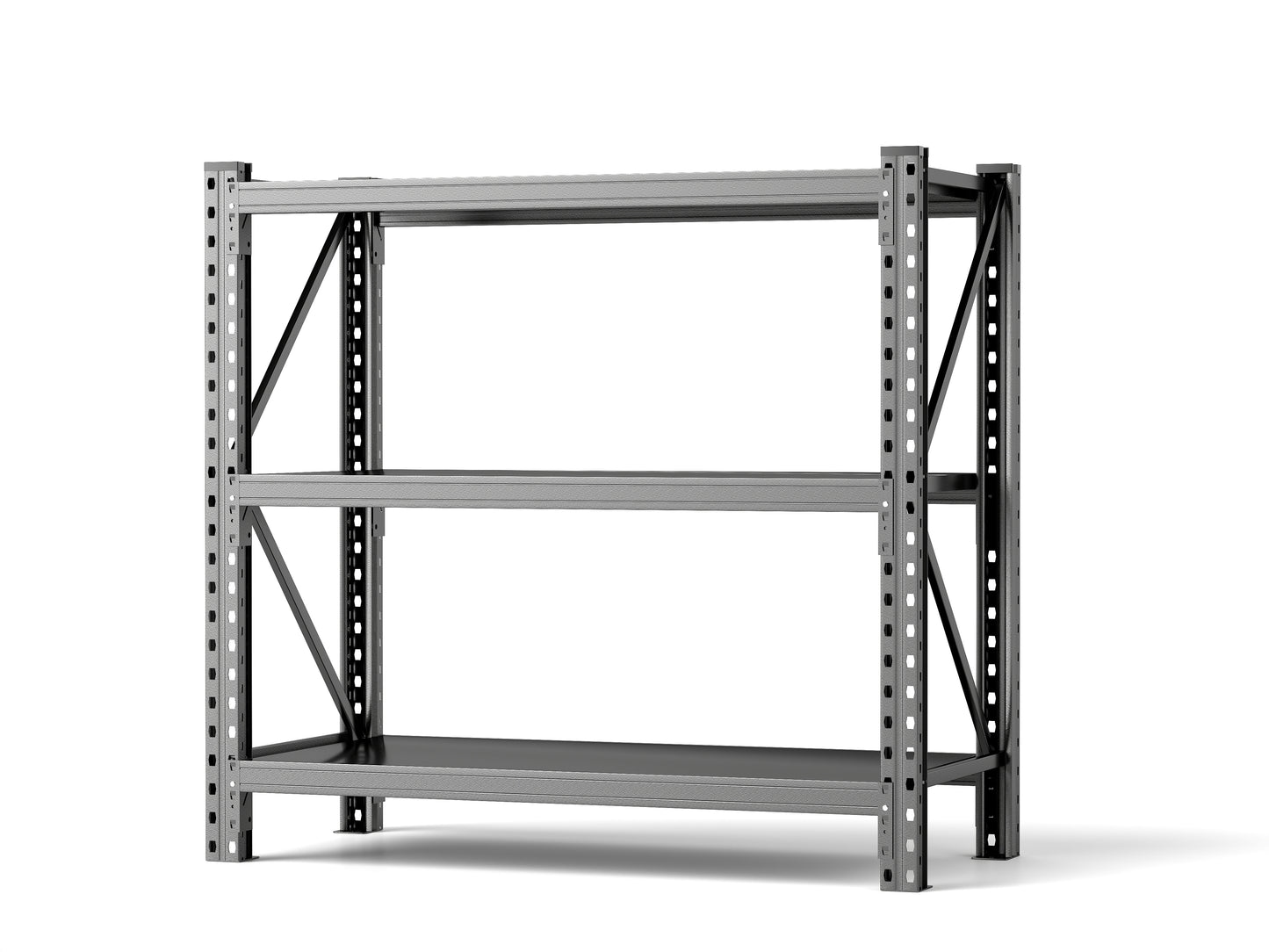 Gray metal industrial shelving unit with three levels for garage storage