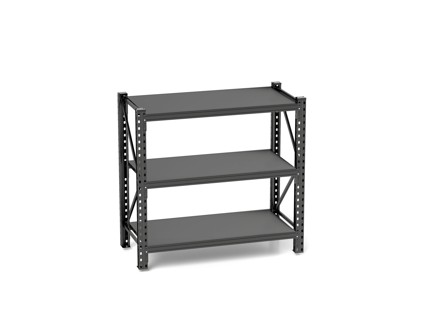 Dark gray metal shelving unit with three tiers and a perforated upright design