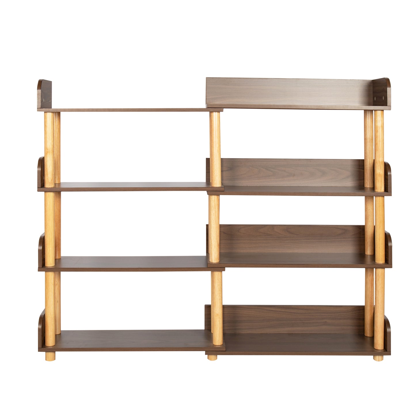 Midcentury modern bookshelf with dark wood shelves and natural wood legs