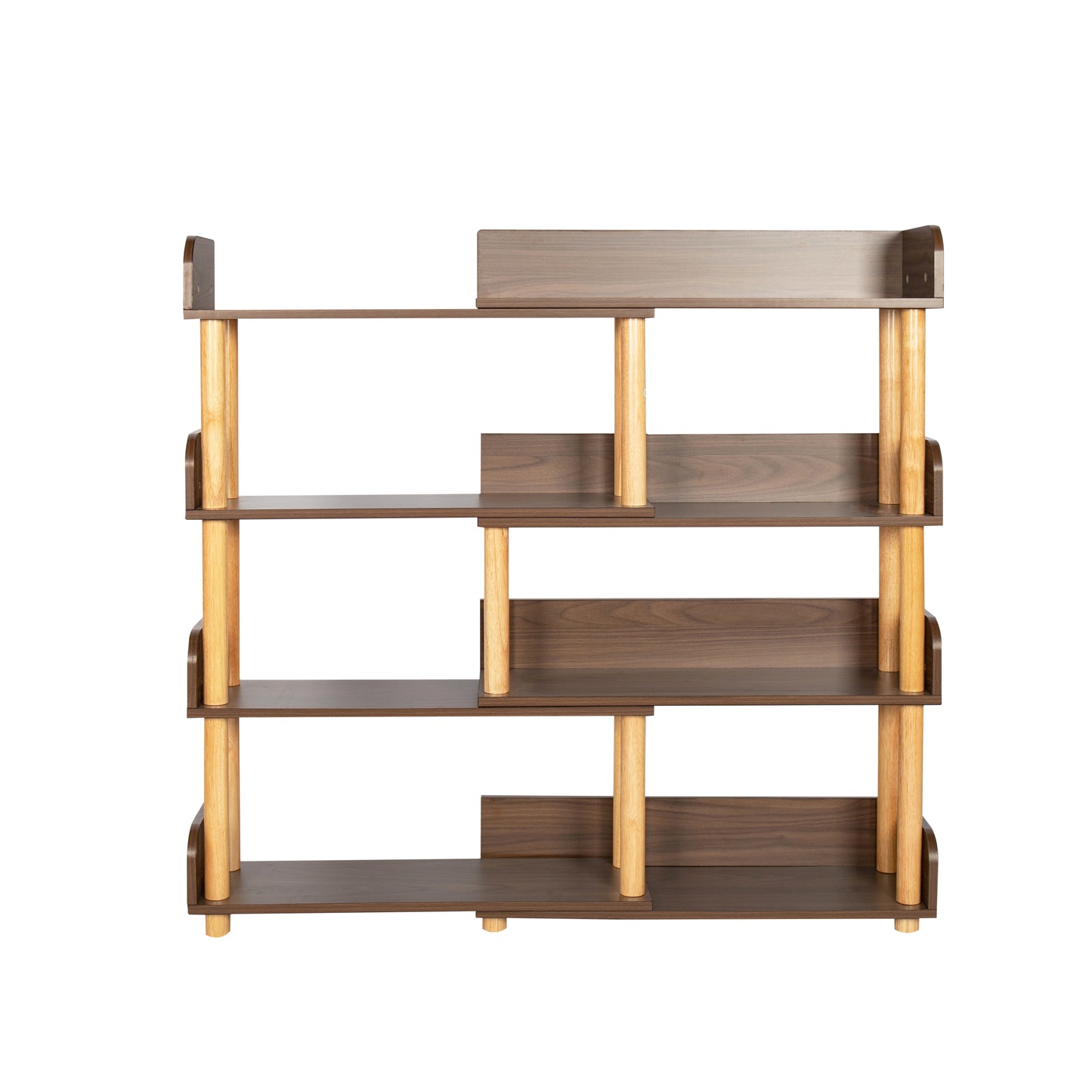 Fourshelf walnut wood bookcase with light wood accents