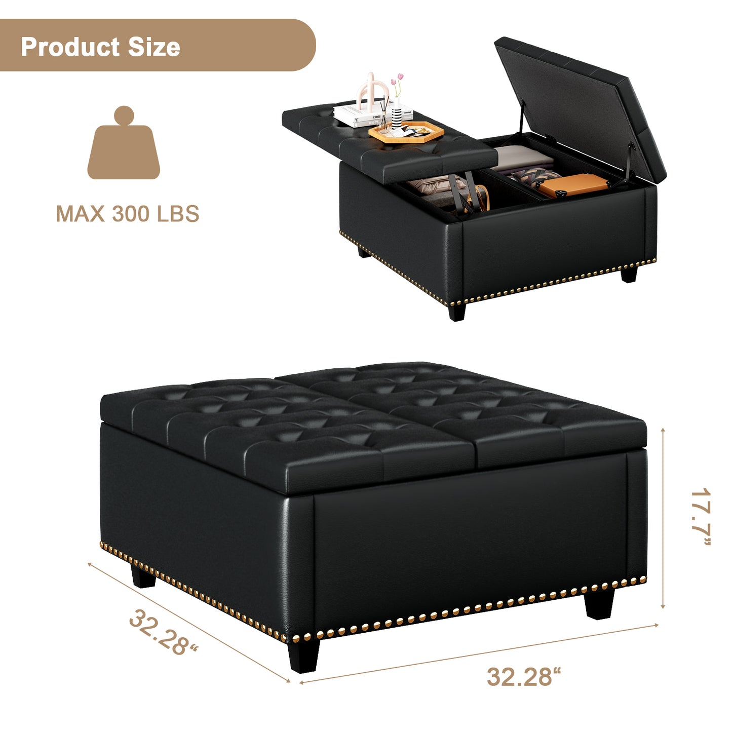Black tufted storage ottoman with open lid showing interior storage and gold nailhead trim