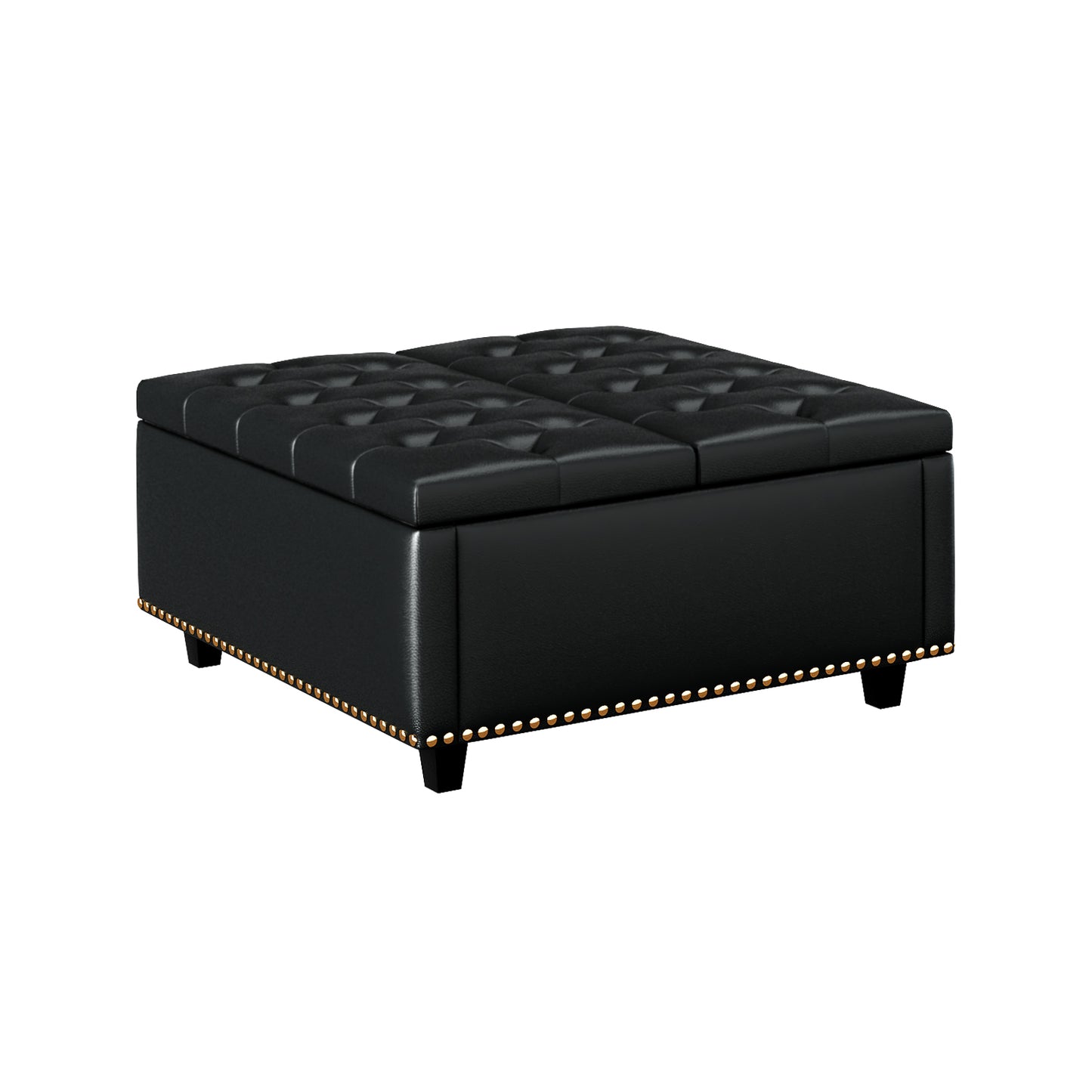 Black tufted leather storage ottoman with brass nailhead trim
