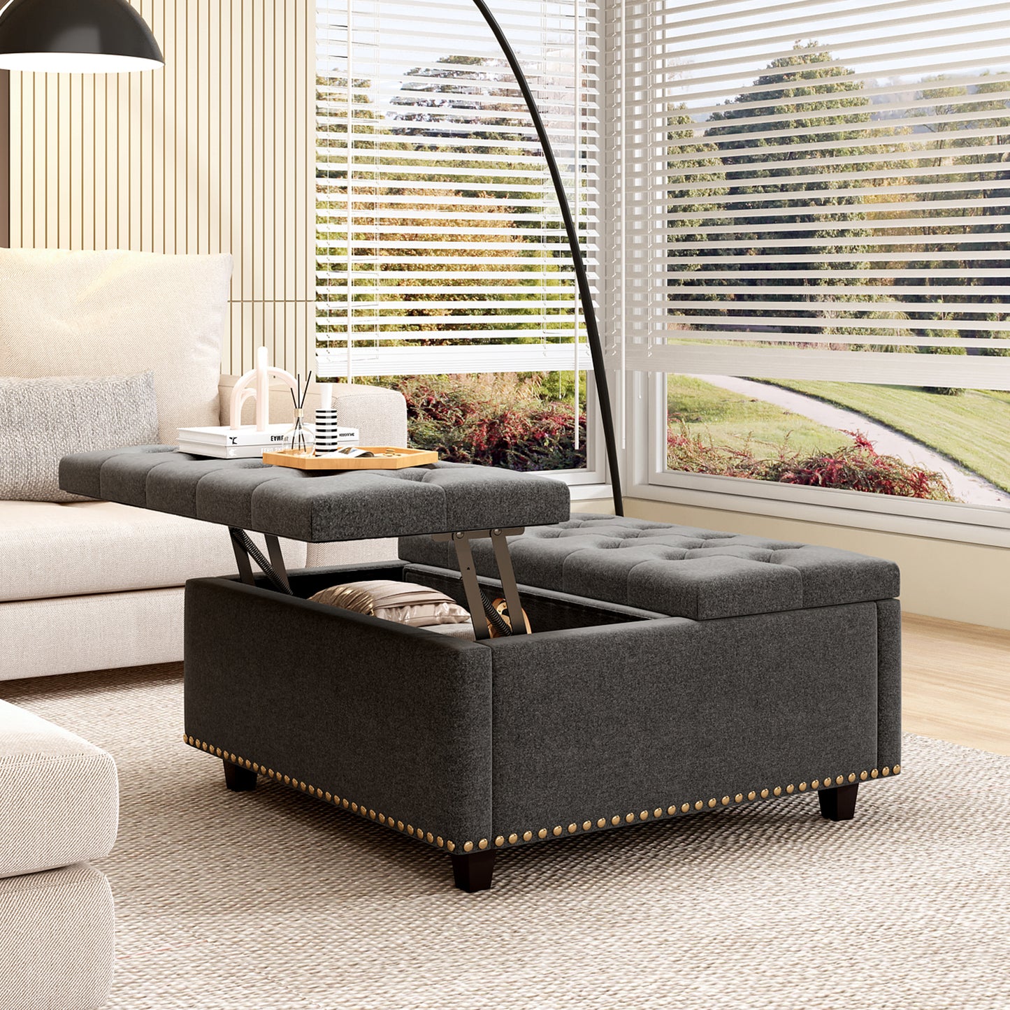 Dark gray tufted storage ottoman with lifttop